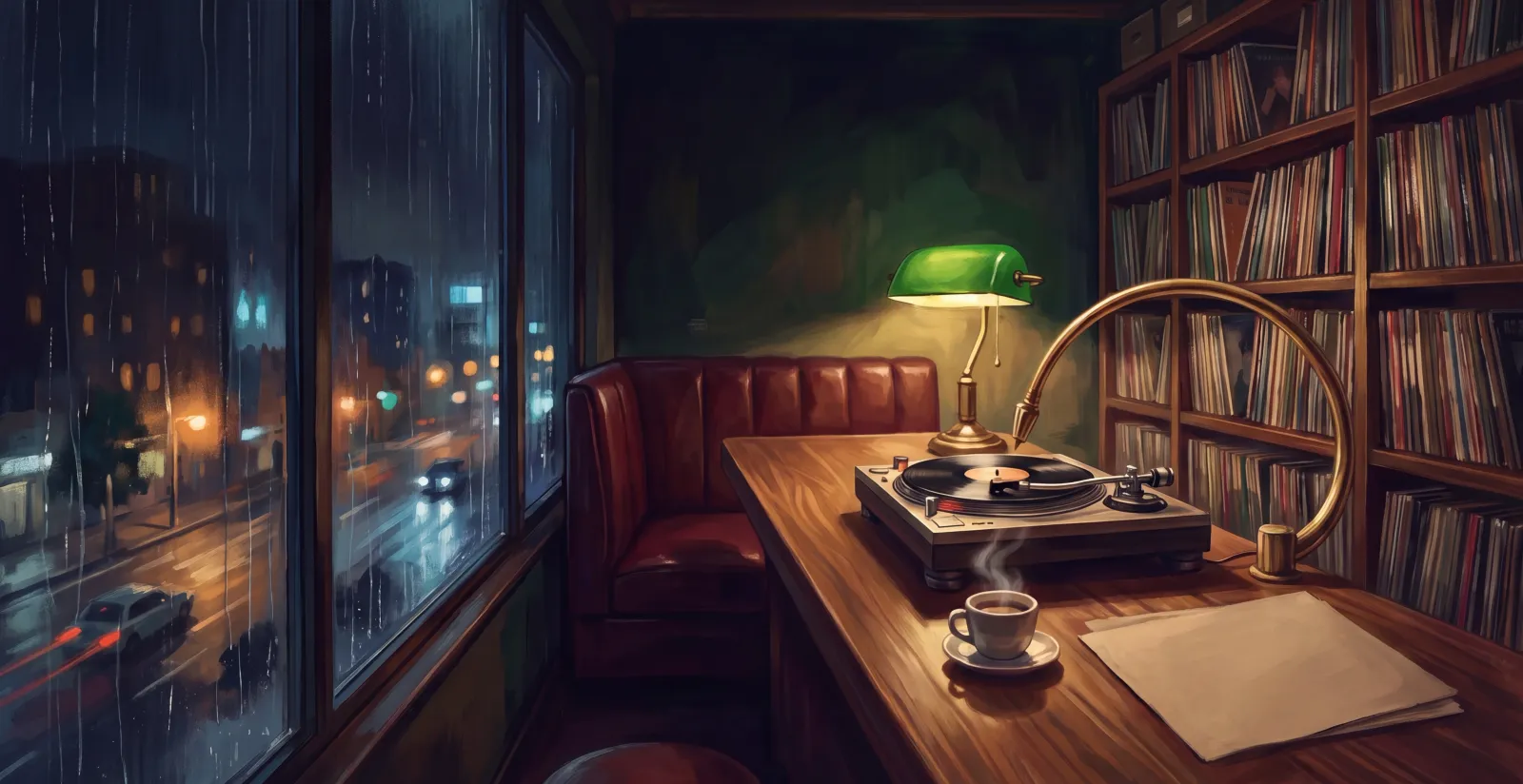 A small listening room at night: rain on the window, a turntable on a walnut counter, a green lamp and shelves of records.